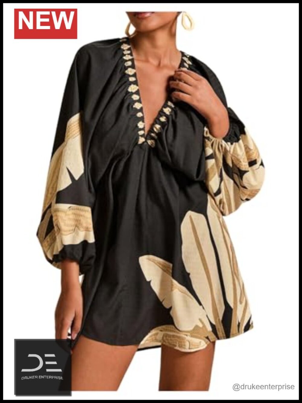 Women's Boho Floral V Neck Long Sleeve Tie Back Mini Dress